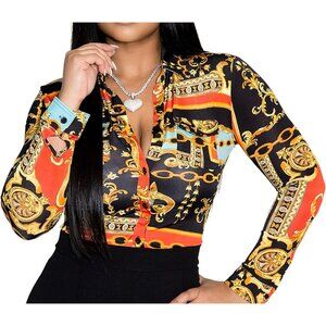 Women Black Blouses Button Down Shirts Colorful Long Sleeve Floral Print Tops